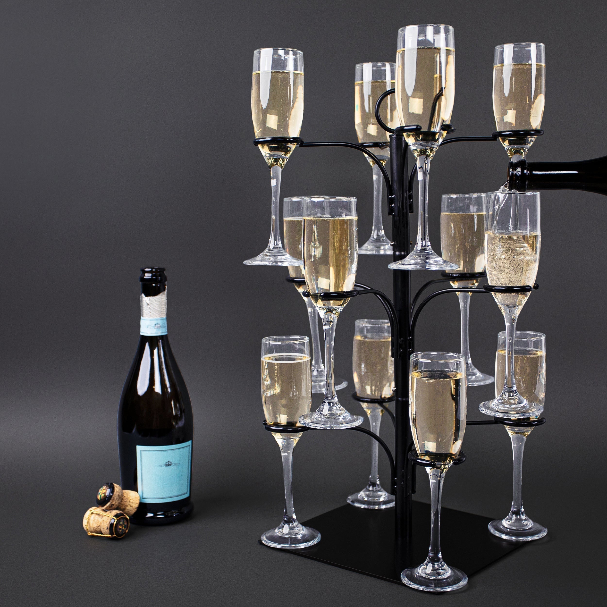 Image of KSESTOR 3-tier gold cocktail tree stand with champagne flutes at a wedding reception