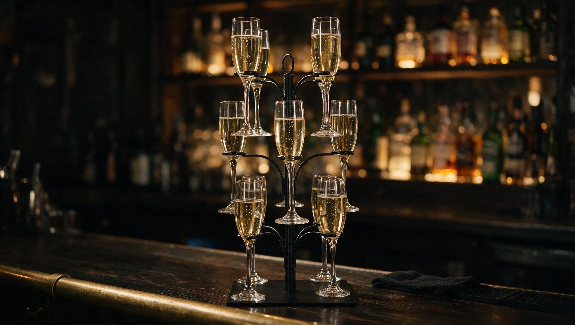 Image of KSESTOR cocktail tree stand holding twelve filled champagne flutes on a dark bar top in front of a lit back bar