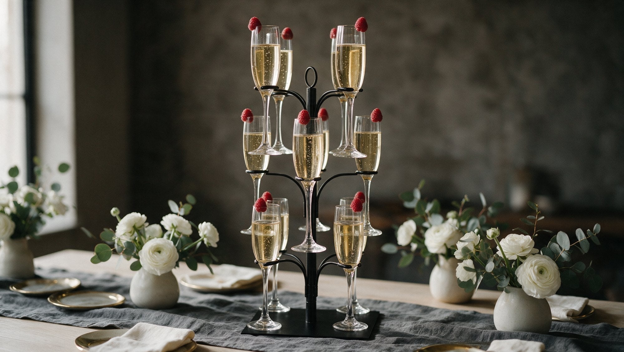 Image of KSESTOR 3-tier cocktail tree stand holding twelve champagne flutes on a bridal shower table with white flowers and grey linen