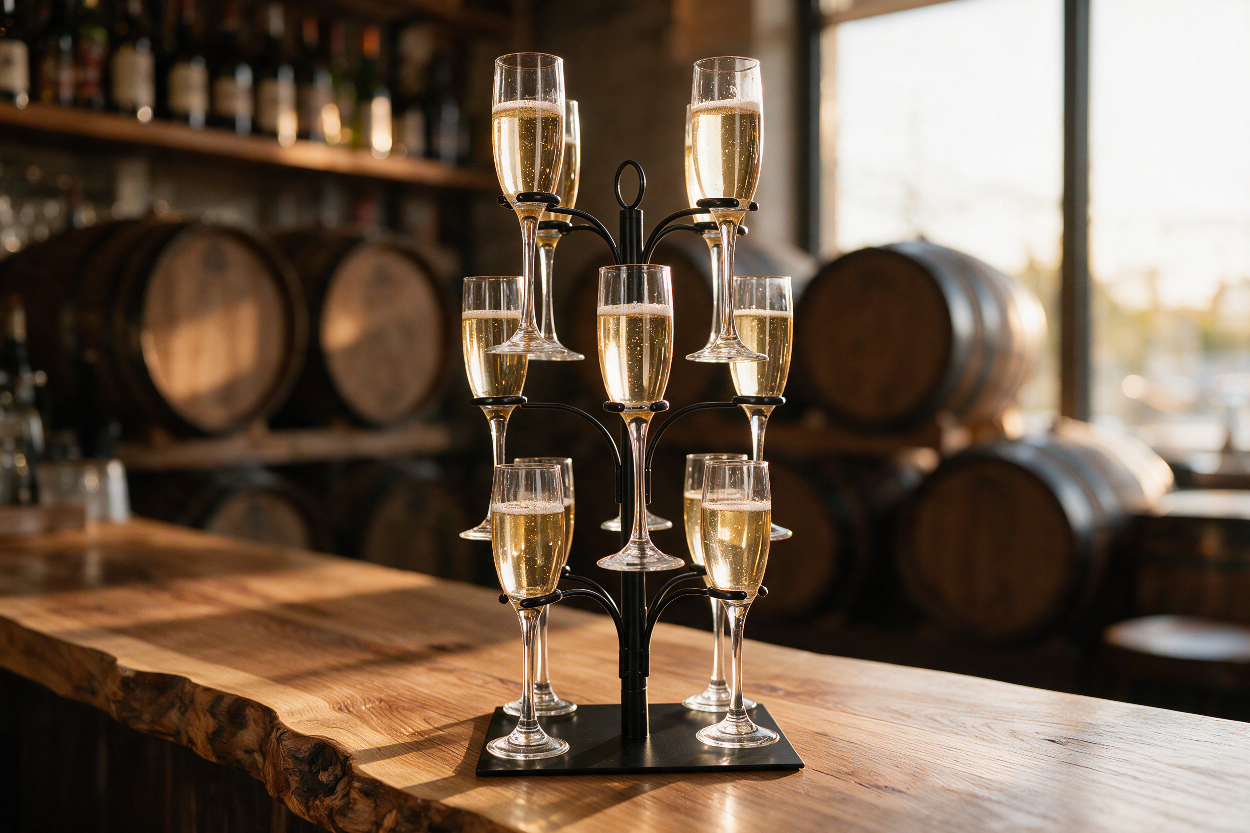 Image of KSESTOR cocktail tree stand holding twelve glasses of sparkling wine on a live-edge oak bar in a winery tasting room