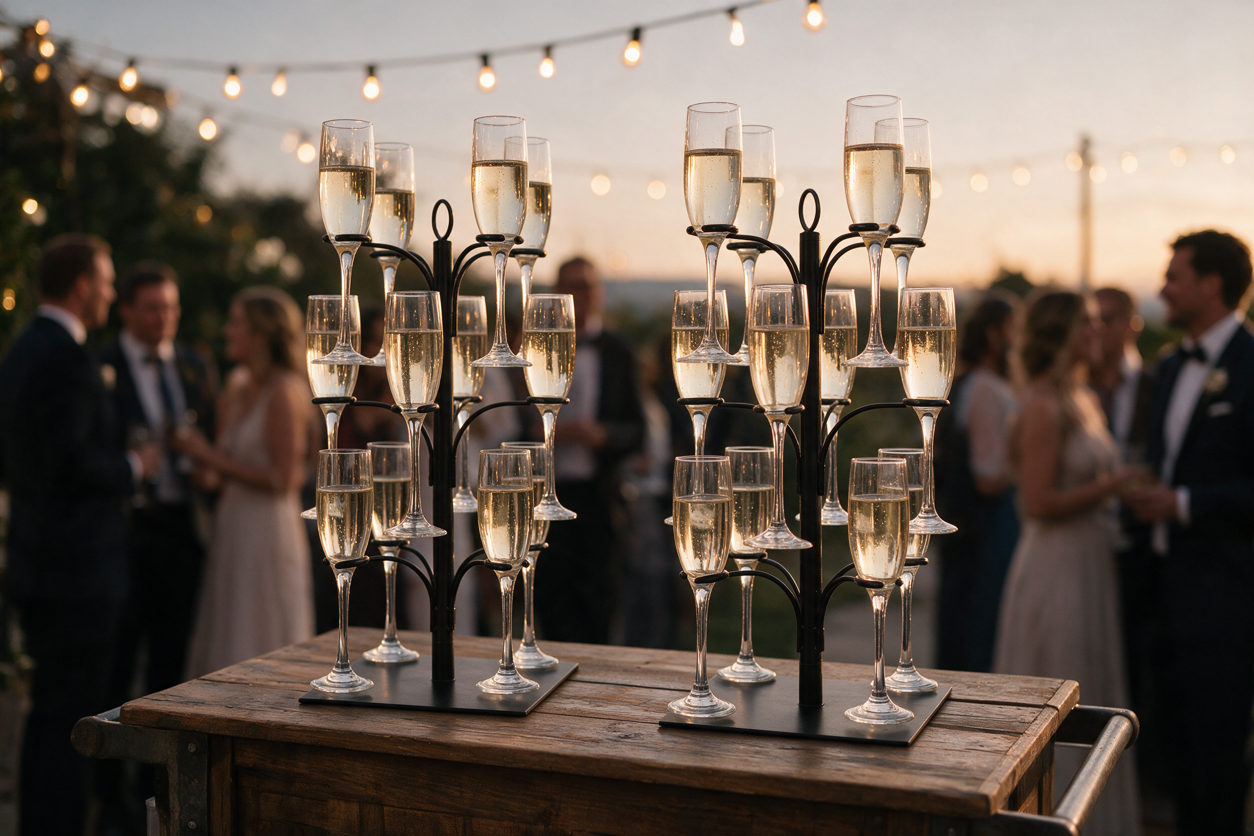 Image of Two KSESTOR cocktail tree stands holding champagne flutes on a portable mobile bar at an outdoor evening wedding reception