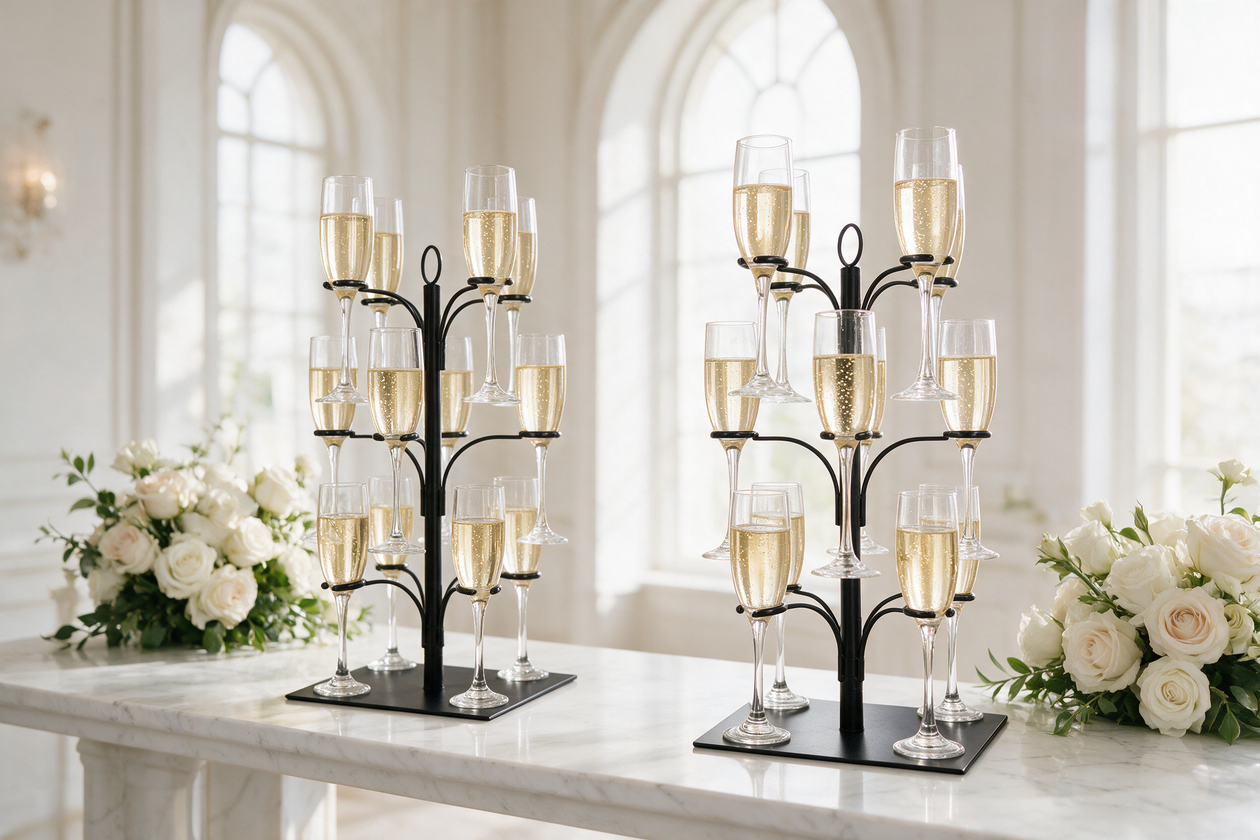 Image of Two KSESTOR cocktail tree stands staged with champagne flutes on a marble drink station at a luxury wedding venue