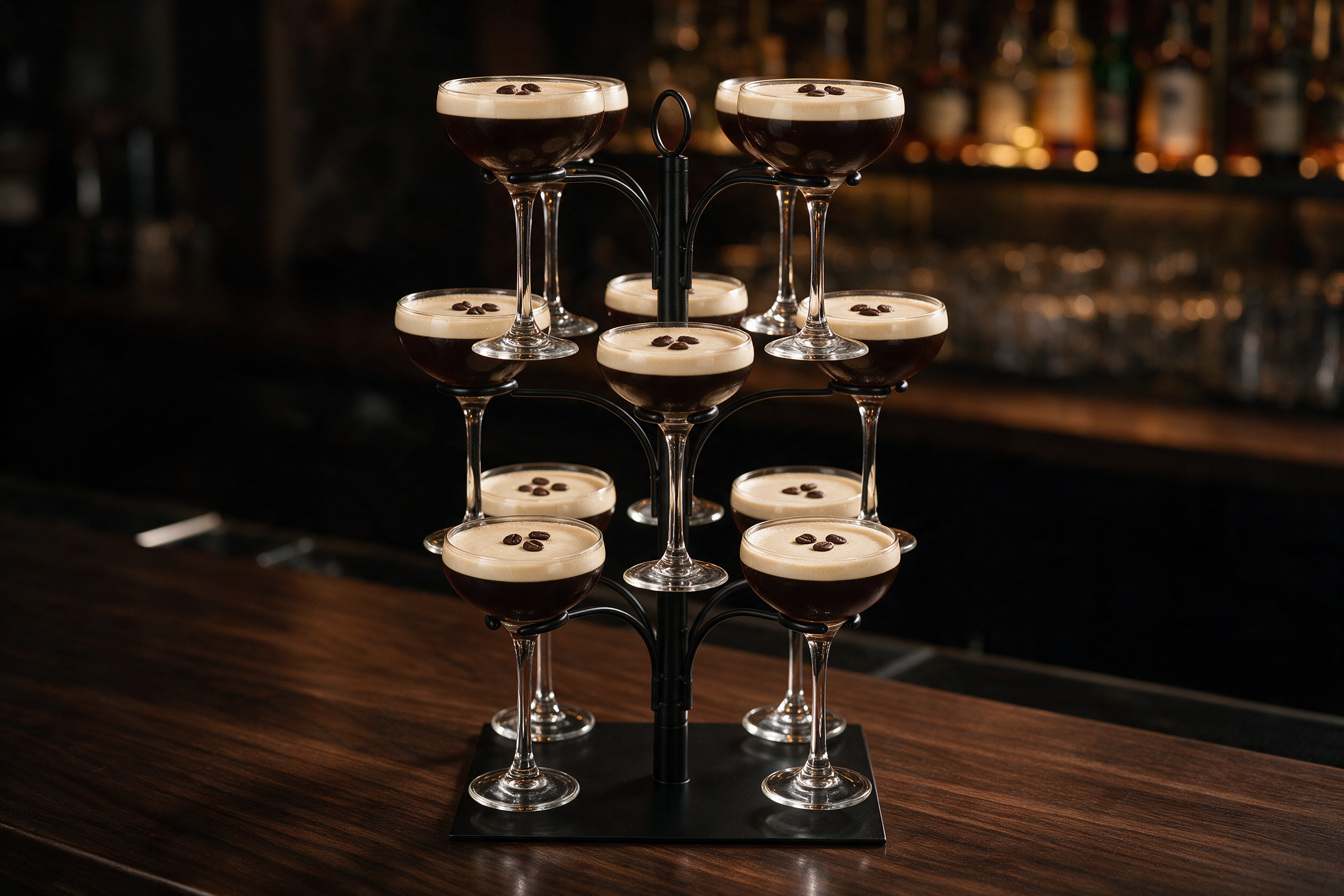 Image of KSESTOR cocktail tree stand holding twelve espresso martinis in coupe glasses on a dark walnut bar top in front of a lit back bar