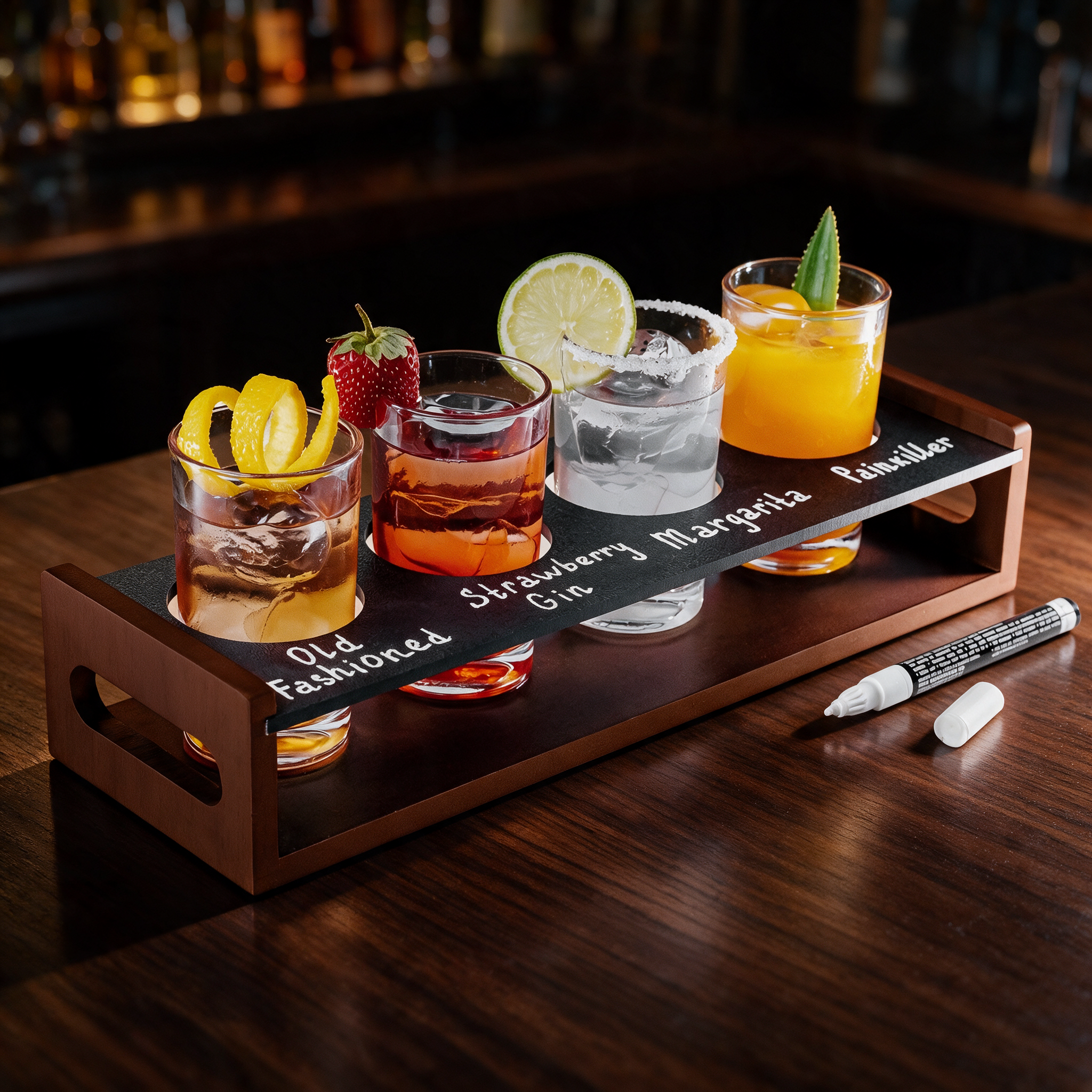 Image of KSESTOR drink flight board holding four labelled cocktails on a dark walnut bar top with a chalk marker beside it