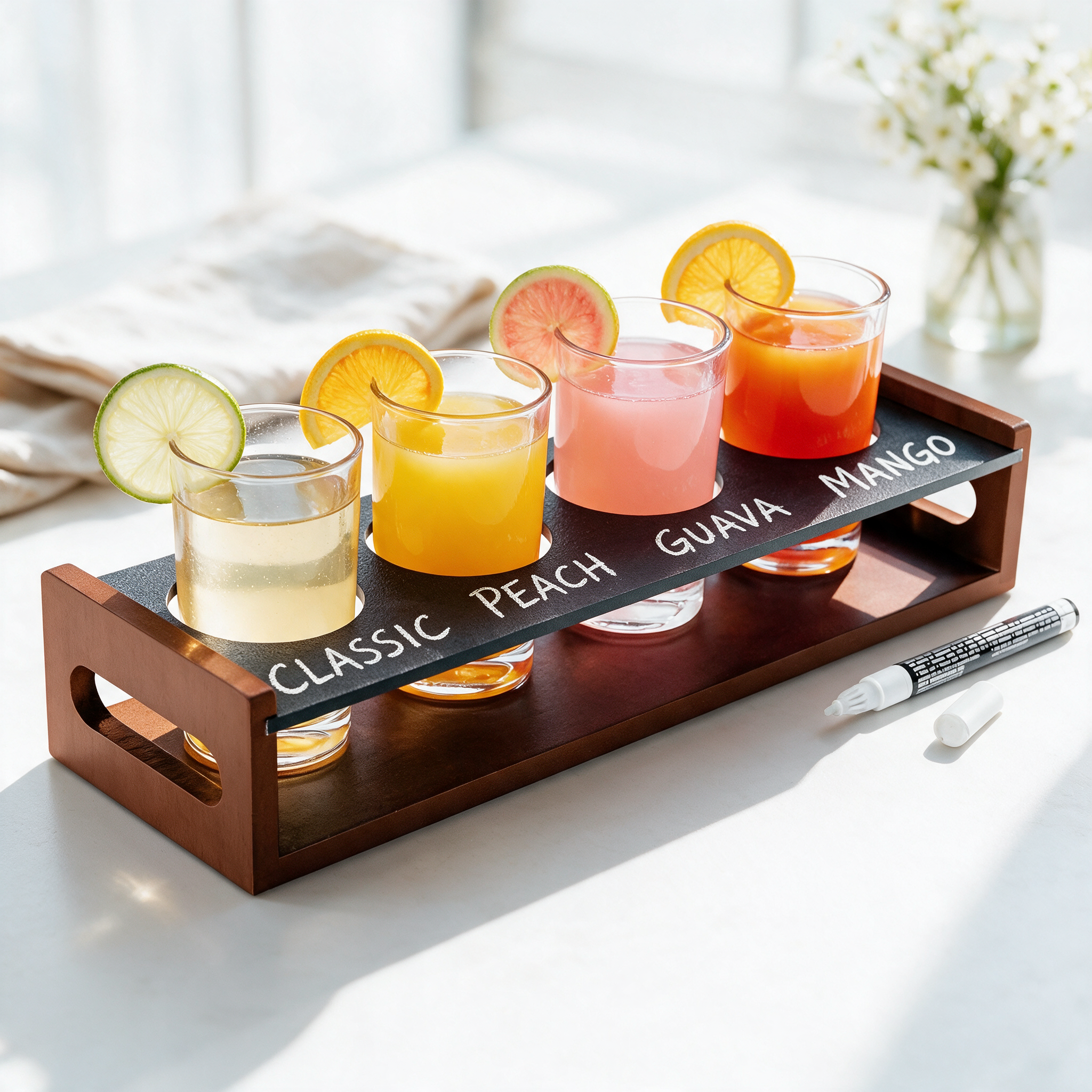 Image of KSESTOR drink flight board holding four labelled mimosas with citrus garnishes on a bright brunch table