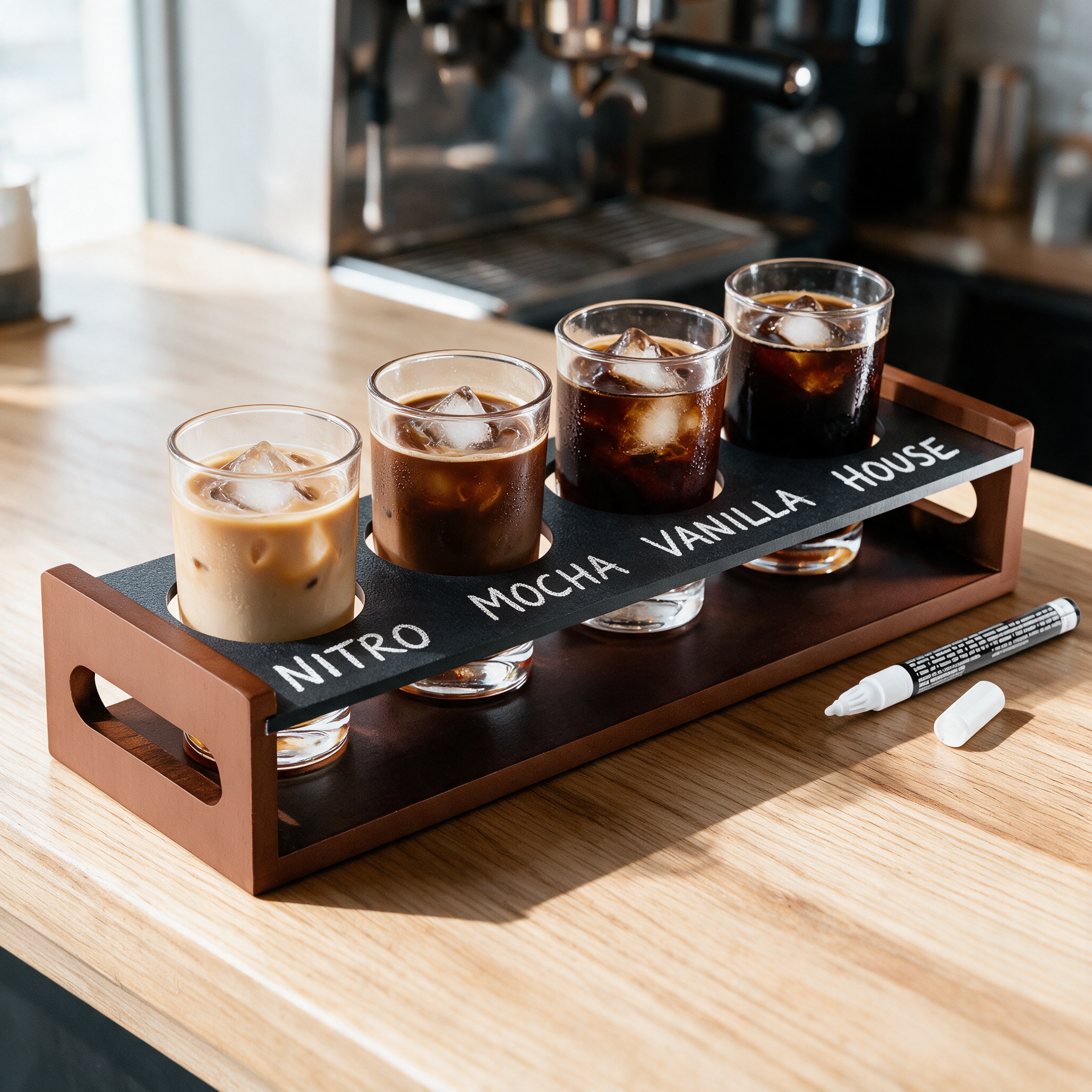 Image of KSESTOR drink flight board holding four iced cold brew coffees labelled on the chalk rail on a cafe counter