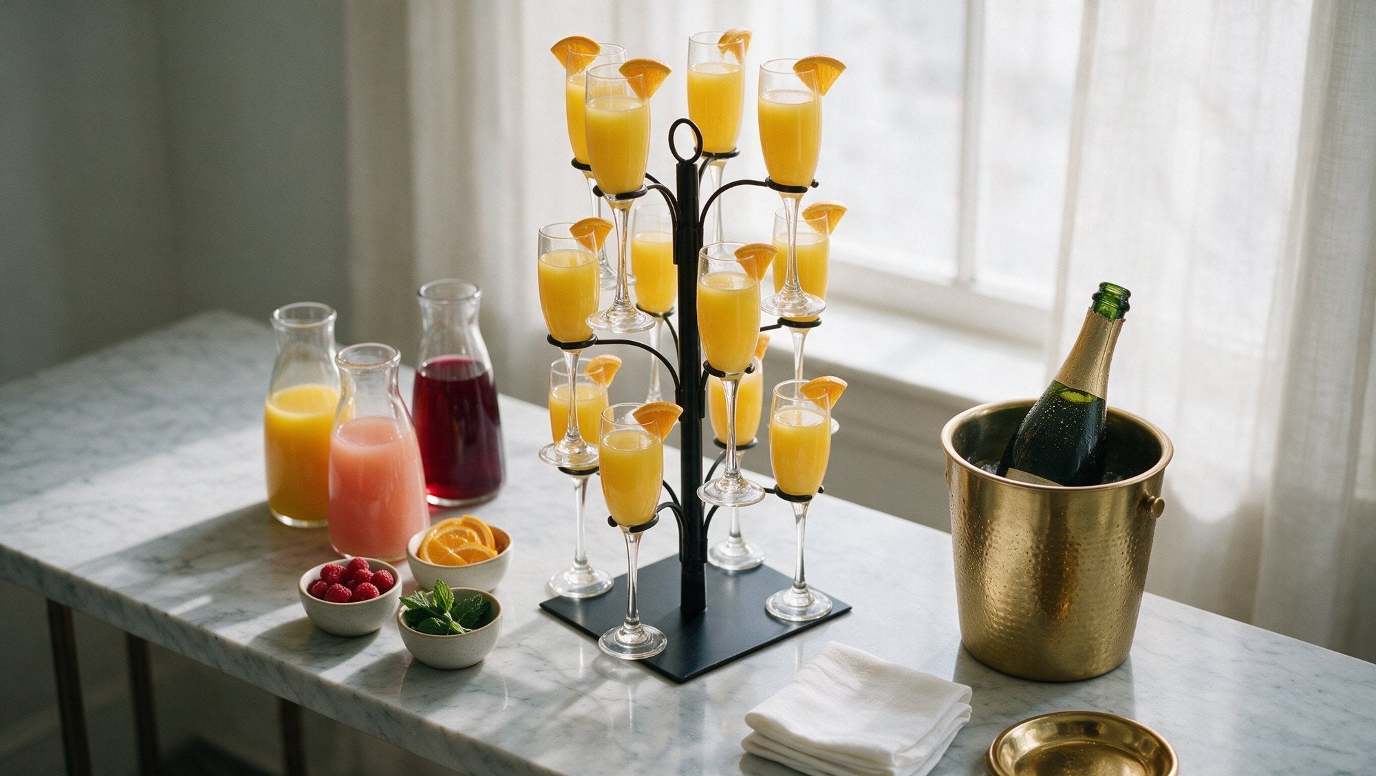 Image of Mimosa bar on a marble console with a KSESTOR cocktail tree stand holding twelve mimosas, three juice carafes, sparkling wine in a gold cooler and garnish bowls